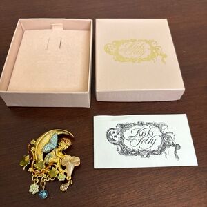 Vintage Kirks Folly Gold Fairy on Crescent Moon Dangle Brooch w Charms 2"